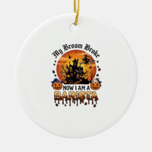 Broom Broke Barista Halloween Witch Coffee Pumpkin Ceramic Tree Decoration