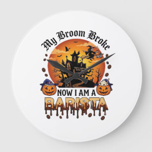 Broom Broke Barista Halloween Witch Coffee Pumpkin Large Clock