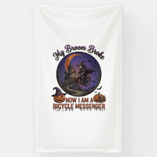 Broom Broke Bicycle Messenger Witch Halloween Moon Banner