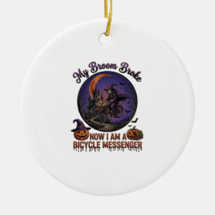 Broom Broke Bicycle Messenger Witch Halloween Moon Ceramic Tree Decoration