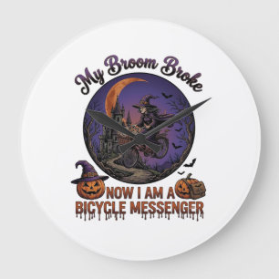 Broom Broke Bicycle Messenger Witch Halloween Moon Large Clock