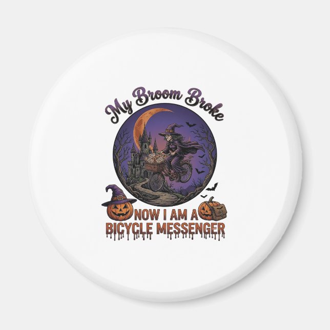 Broom Broke Bicycle Messenger Witch Halloween Moon Magnet (Front)
