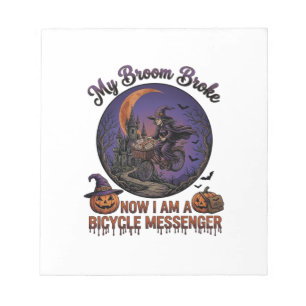 Broom Broke Bicycle Messenger Witch Halloween Moon Notepad