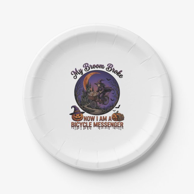 Broom Broke Bicycle Messenger Witch Halloween Moon Paper Plate (Front)
