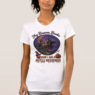 Broom Broke Bicycle Messenger Witch Halloween Moon T-Shirt