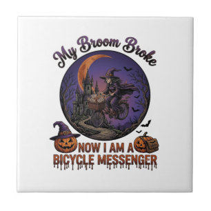 Broom Broke Bicycle Messenger Witch Halloween Moon Tile