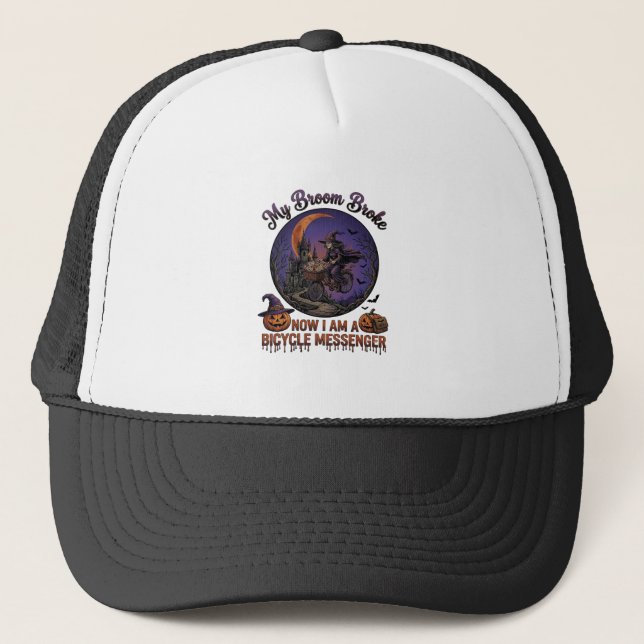 Broom Broke Bicycle Messenger Witch Halloween Moon Trucker Hat (Front)
