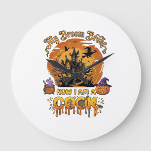 Broom Broke Cook Halloween Haunted House Cauldron Large Clock