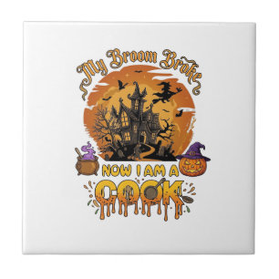 Broom Broke Cook Halloween Haunted House Cauldron  Tile