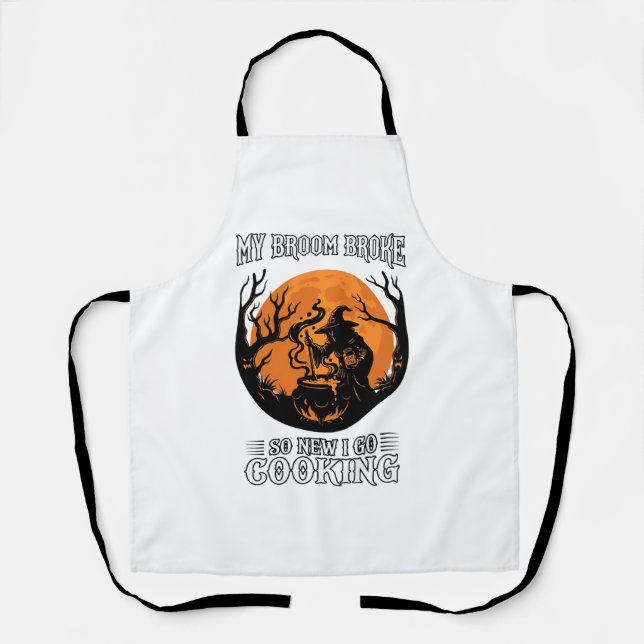 Broom Broke Cooking Witch Cauldron Full Moon Apron (Front)