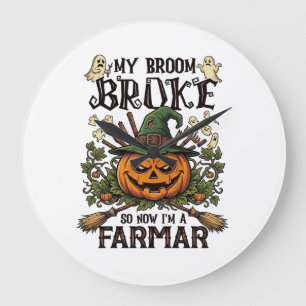 Broom Broke Farmar Halloween Pumpkin Witch Hat Gho Large Clock