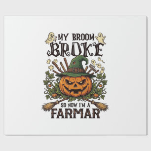 Broom Broke Farmar Halloween Pumpkin Witch Hat Gho Wrapping Paper