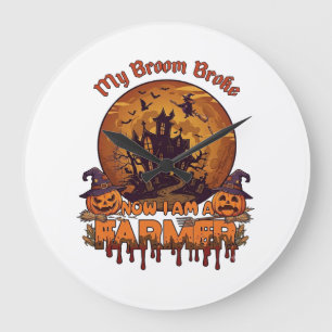 Broom Broke Farmer Halloween Witch Haunted House P Large Clock