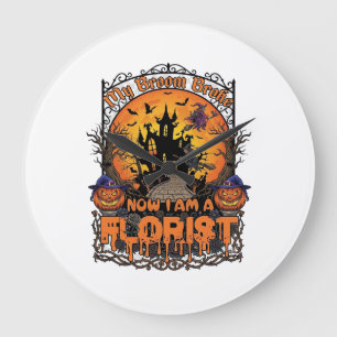 Broom Broke Florist Halloween Witch Pumpkin Haunte Large Clock