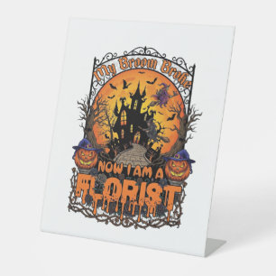 Broom Broke Florist Halloween Witch Pumpkin Haunte Pedestal Sign