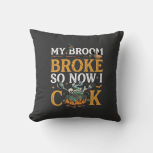 Broom Broke Halloween Cauldron Skulls Black Cat_1 Cushion