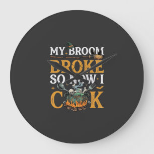 Broom Broke Halloween Cauldron Skulls Black Cat_1 Large Clock