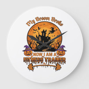 Broom Broke Halloween Fitness Trainer Witch Pumpki Large Clock