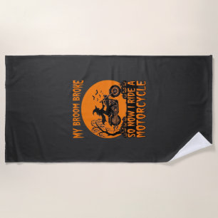 Broom Broke Halloween Witch Motorcycle Bats Pumpki Beach Towel