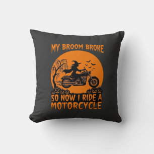 Broom Broke Halloween Witch Motorcycle Bats Pumpki Cushion