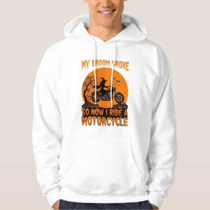 Broom Broke Halloween Witch Motorcycle Bats Pumpki Hoodie