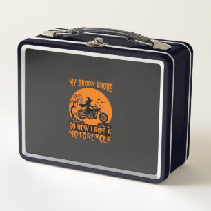 Broom Broke Halloween Witch Motorcycle Bats Pumpki Metal Lunch Box