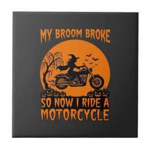 Broom Broke Halloween Witch Motorcycle Bats Pumpki Tile