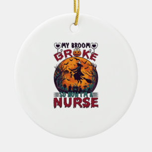 Broom Broke Nurse Halloween Witch Full Moon Bats_1 Ceramic Tree Decoration