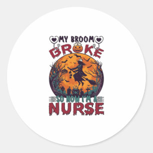 Broom Broke Nurse Halloween Witch Full Moon Bats_1 Classic Round Sticker