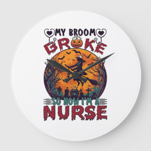 Broom Broke Nurse Halloween Witch Full Moon Bats_1 Large Clock
