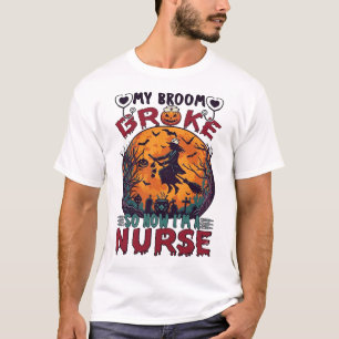 Broom Broke Nurse Halloween Witch Full Moon Bats_1 T-Shirt