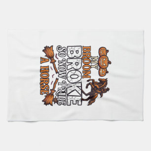Broom Broke Ride Horse Pumpkin Cowboy Bats Tea Towel