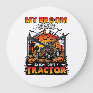 Broom Broke Tractor Halloween Witch Ghosts_1 Large Clock