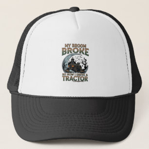 Broom Broke Tractor Pumpkin Haunted House Moon Trucker Hat
