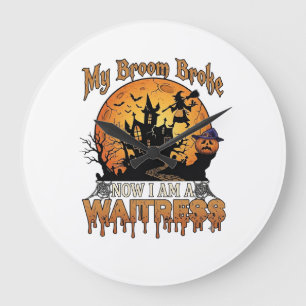 Broom Broke Waitress Halloween Witch Haunted House Large Clock