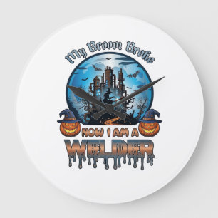 Broom Broke Welder Witch Factory Pumpkins Hallowee Large Clock