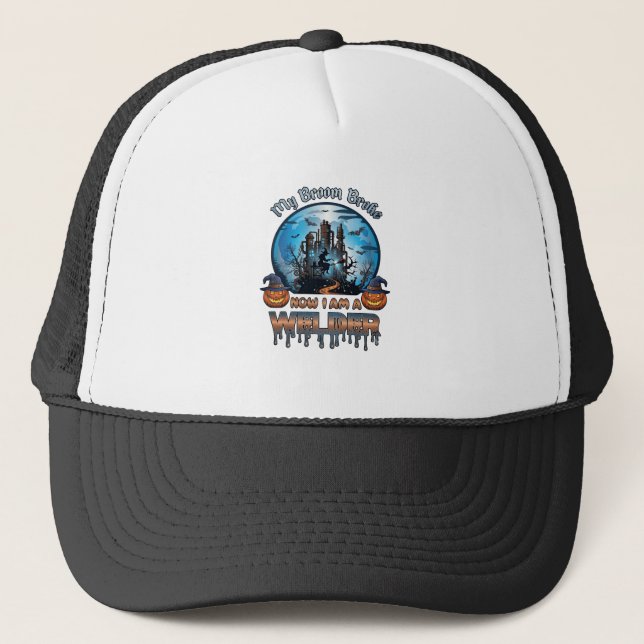 Broom Broke Welder Witch Factory Pumpkins Hallowee Trucker Hat (Front)