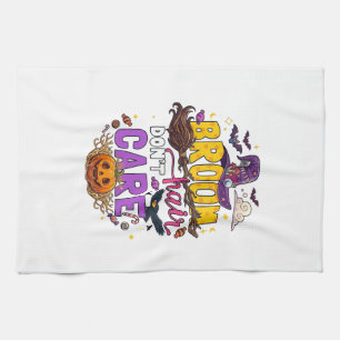 Broom Hair Dont Care Halloween Witch Hat Pumpkin C Tea Towel