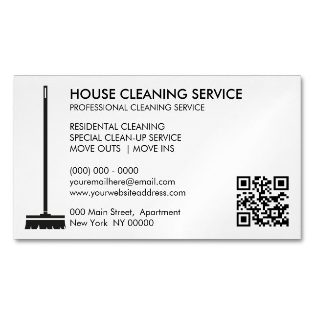 Broom Janitorial Cleaner Simple Qr Code Magnetic Business Card (Front)