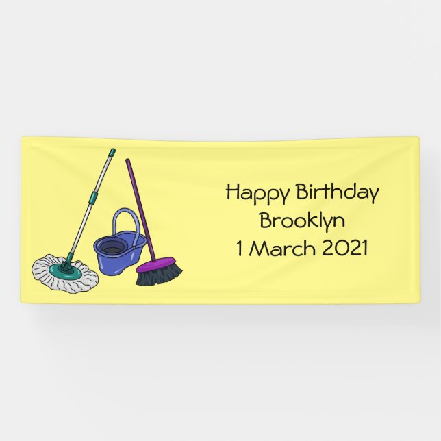 Broom & mop cartoon illustration banner (Horizontal)