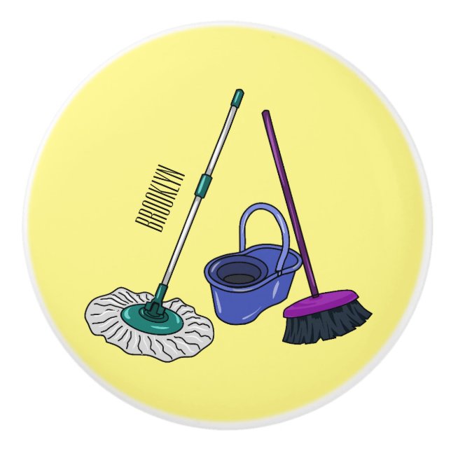 Broom & mop cartoon illustration ceramic knob (Front)