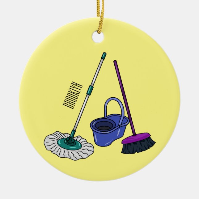 Broom & mop cartoon illustration ceramic tree decoration (Front)