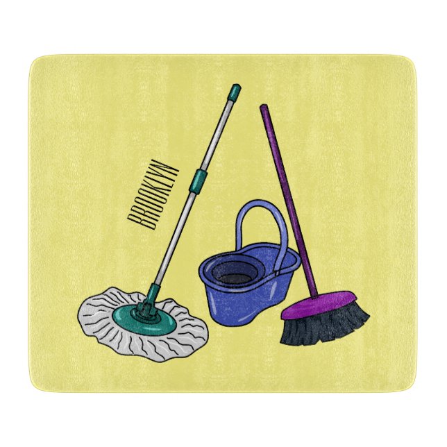 Broom & mop cartoon illustration cutting board (Front)