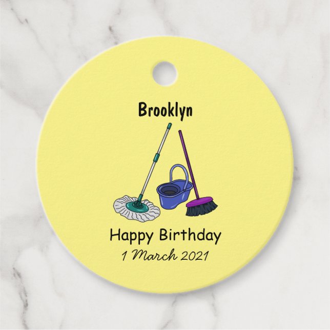 Broom & mop cartoon illustration favour tags (Front)