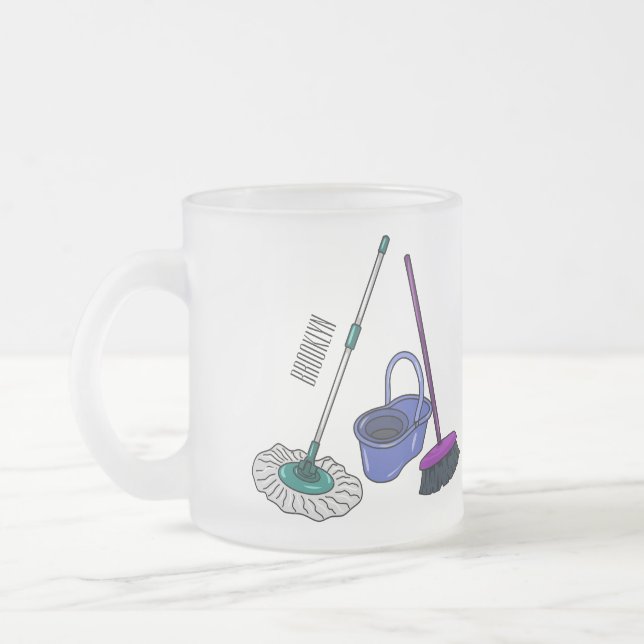 Broom & mop cartoon illustration frosted glass coffee mug (Left)