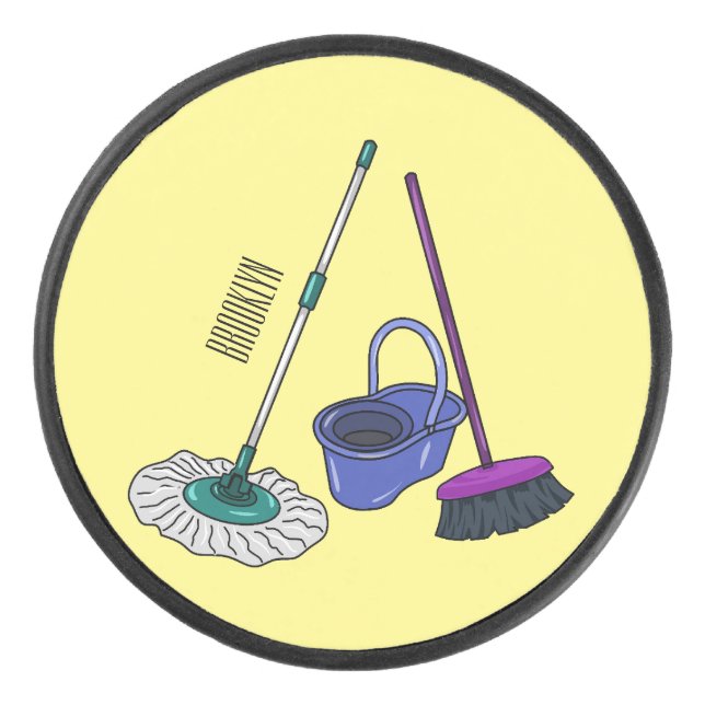 Broom & mop cartoon illustration hockey puck (Front)