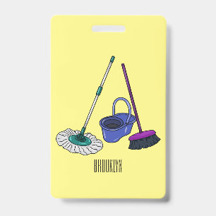Broom & mop cartoon illustration ID badge