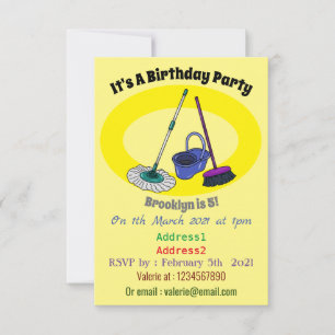 Broom & mop cartoon illustration invitation