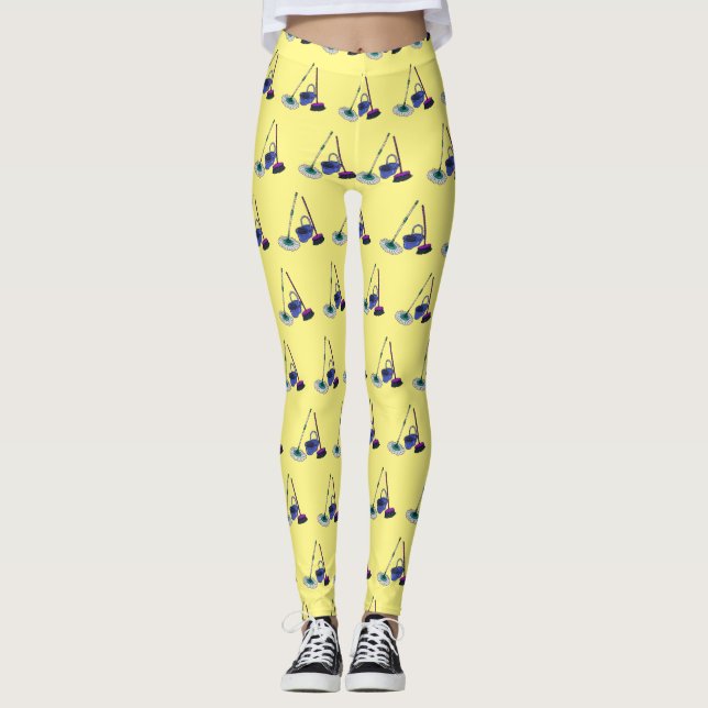 Broom & mop cartoon illustration leggings (Front)