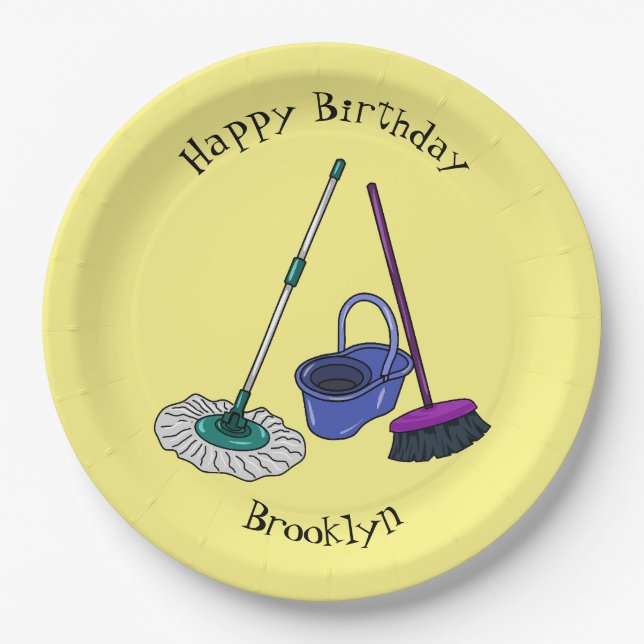 Broom & mop cartoon illustration paper plate (Front)